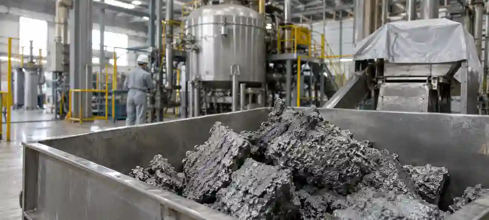Sponge titanium pieces in a steel bin inside an industrial titanium production facility.