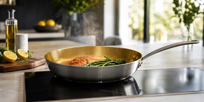 A golden titanium-nitrided frying pan searing salmon and green vegetables in a modern kitchen. The metallic gold surface represents a hardened titanium nitride layer rather than a conventional nonstick coating.