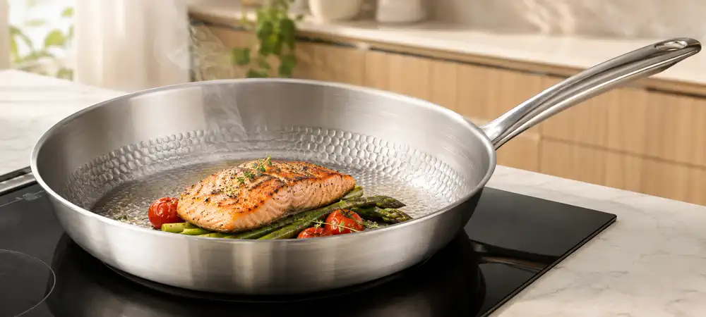 TADO partial-hammered titanium frying pan cooking salmon and asparagus