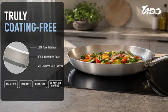 TADO coating-free tri-ply titanium cookware with GR1 titanium, 1050 aluminum and 430 stainless steel layers