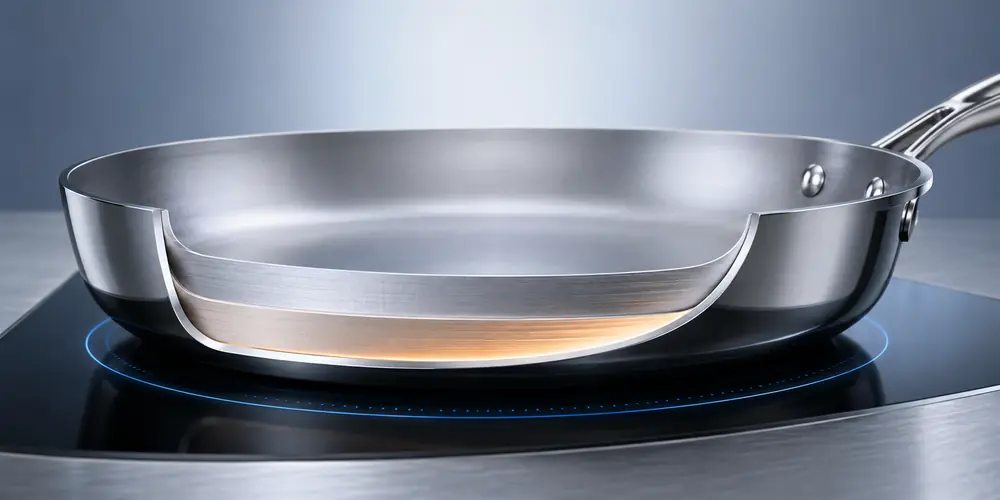 tri-ply titanium cookware with a titanium interior, aluminum core and magnetic stainless steel exterior