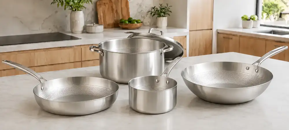 TADO white hammered titanium cookware set with frying pan, stock pot, saucepan and wok