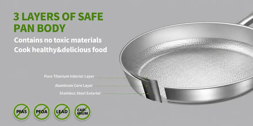 TADO tri-ply titanium frying pan with a hammered interior, aluminum core and stainless steel exterior