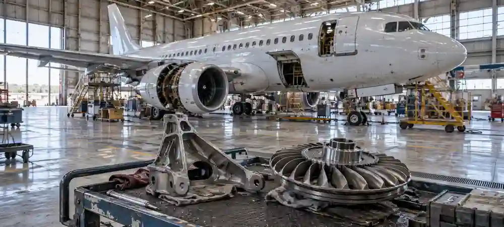 Titanium aerospace brackets and rotating engine components in front of a commercial aircraft maintenance hangar.