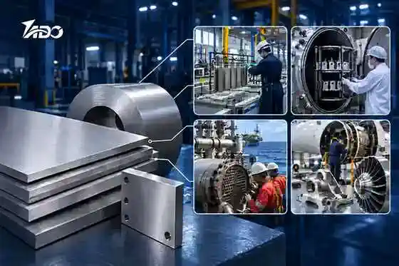 Titanium alloy sheets with chemical treatment, PVD, marine and aerospace application scenes.