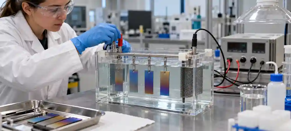 Technician conducting a controlled titanium anodizing process in an industrial laboratory.