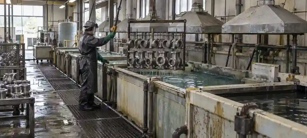 Operator transferring machined titanium alloy components through a chemical surface-treatment line in an industrial facility.