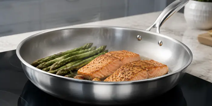 Titanium-lined tri-ply cookware combines a coating-free titanium food-contact surface with a heat-distributing core and induction-compatible exterior.