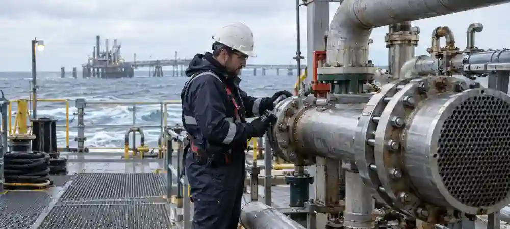 Maintenance engineer inspecting a titanium seawater heat-exchanger connection on an offshore process facility.