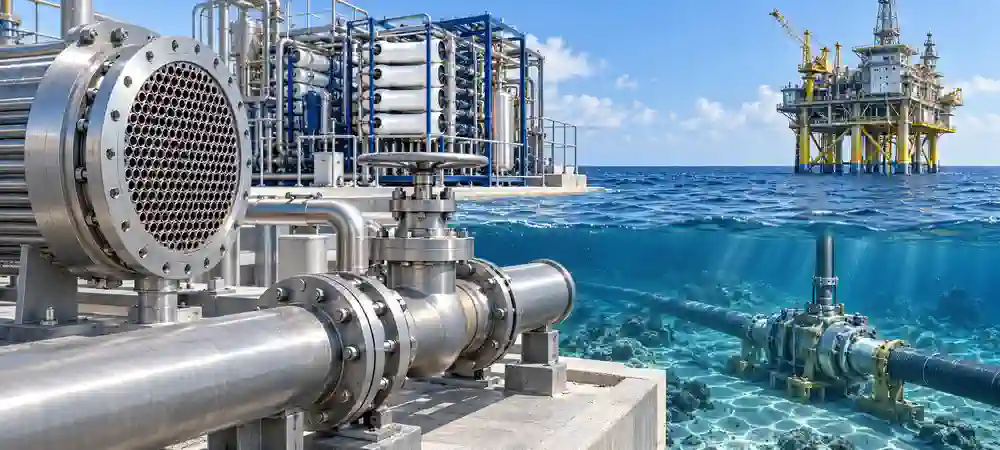 Titanium seawater heat exchanger and pipeline equipment near offshore energy infrastructure.