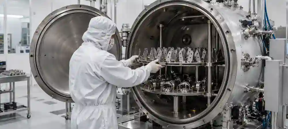 Technician loading titanium alloy precision components into a vacuum PVD coating chamber in a clean industrial facility.