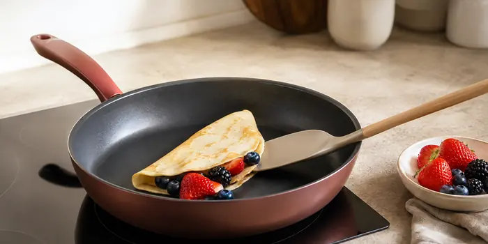 Dark titanium-reinforced coated nonstick pan releasing a fruit-filled crepe.In titanium-reinforced coated cookware, the practical lifespan is usually determined by the applied nonstick coating rather than the metal pan body.