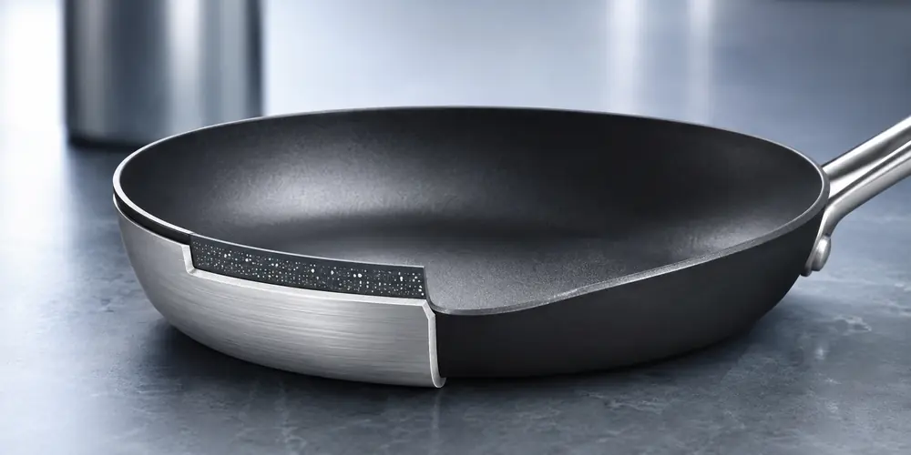 Titanium-reinforced coated cookware showing a thin nonstick coating over the metal pan body