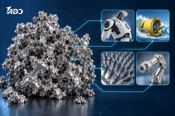Titanium sponge with application examples in humanoid robotics, marine engineering, aerospace turbine blades and industrial automation.