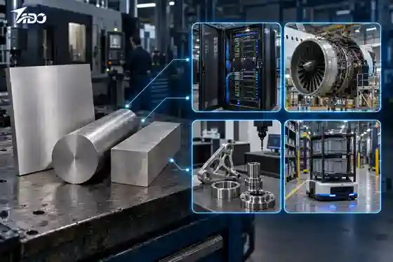 Commercially pure titanium sheet, bar and ingot connected to AI computing, aerospace, precision components and warehouse mobile robot applications.