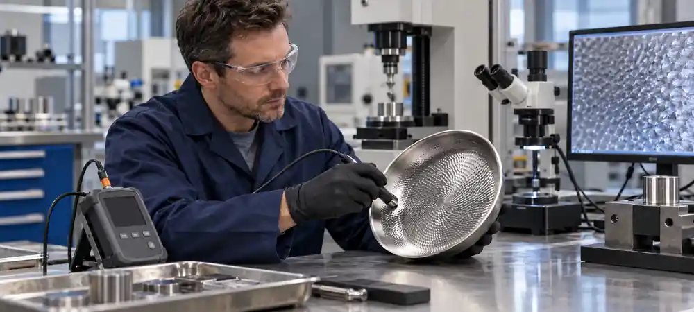 TADO hammered titanium frying pan undergoing surface inspection in a materials laborator