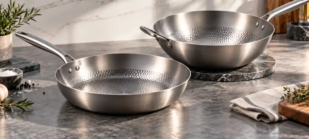 Hammered titanium cookware with Grade 1 titanium cooking surface for OEM and ODM projects
