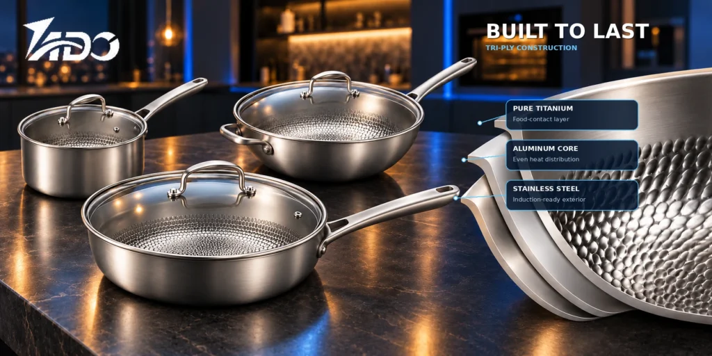 TADO hammered titanium cookware with a tri-ply titanium, aluminum and stainless steel construction diagram.