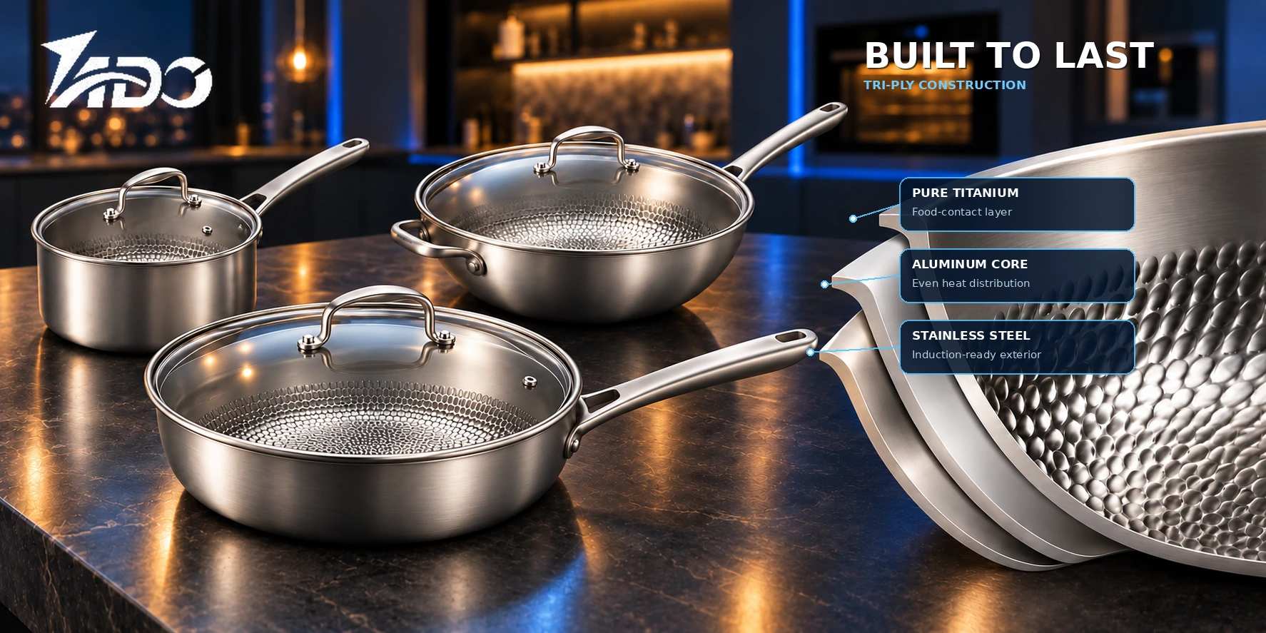 TADO hammered titanium cookware with a tri-ply titanium, aluminum and stainless steel construction diagram.
