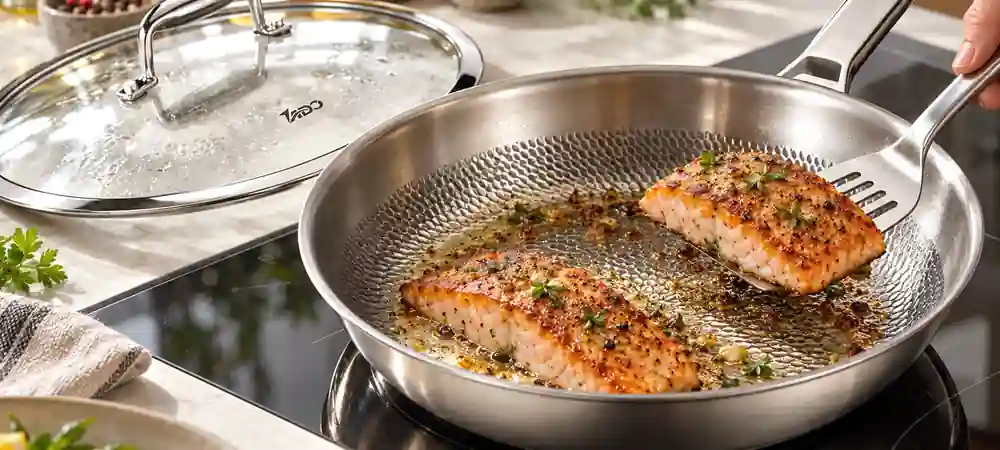 TADO hammered titanium frying pan cooking salmon on an induction cooktop