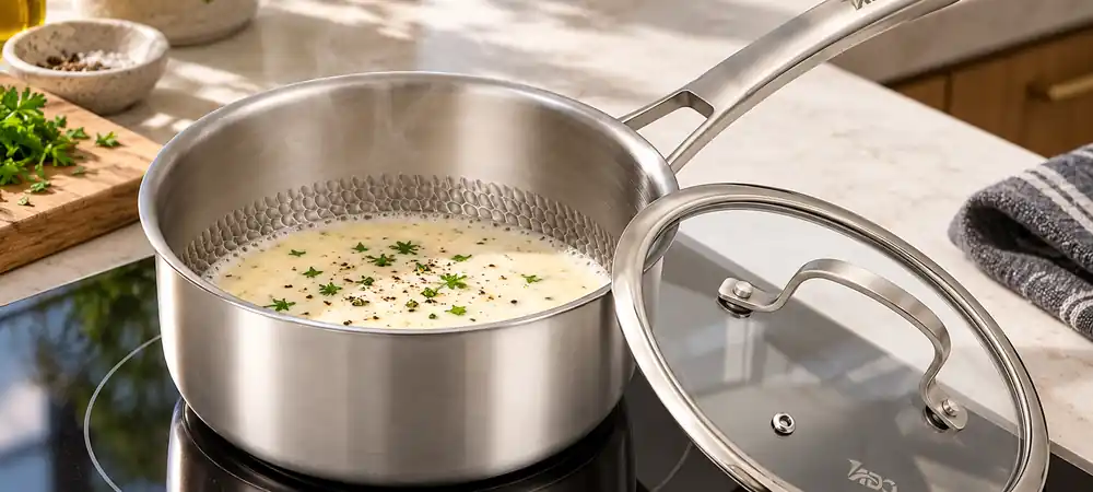 TADO hammered titanium saucepan with glass lid in a modern kitchen