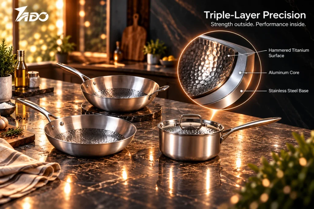 TADO hammered titanium cookware with Grade 1 titanium, aluminum core and stainless steel triple-layer construction