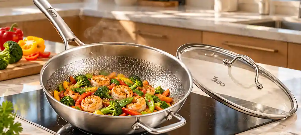 TADO hammered titanium wok cooking seafood and vegetables in a professional kitchen