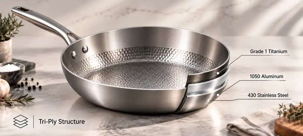 Tri-ply hammered titanium frying pan with Grade 1 titanium, 1050 aluminum and 430 stainless steel layers